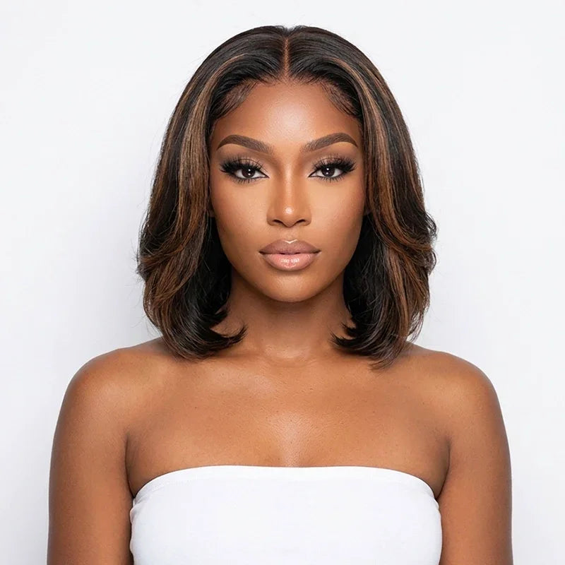 Naturelle Confortable Mèches Blondes Glueless 5x5 Perruque Bob Sans Colle Empilée Ondulé