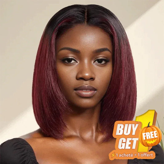 𝑩𝒖𝒚 1 𝑮𝒆𝒕 1 𝑭𝒓𝒆𝒆💥Les 3 derniers Glueless Couche Rouge Foncé Coupe Émoussée Bob 13x4 Perruque Sans Colle Lisse