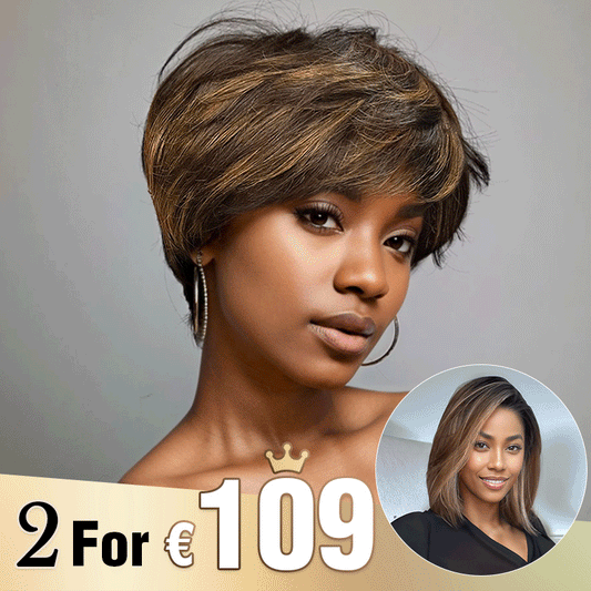 2 𝑭𝑶𝑹 €109🔥Perruque #4-27 Highlight Pixie+Blonde Highlight Lisse/Highlight Kinky Curly/Mèches Blondes  Ondulé /Blond Ombré Bouclé/ Dégradé 99J Lisse
