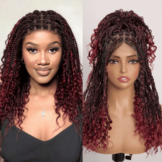 Perruque Tressée Bohème Couleur Ombre 99J En Dentelle Intégrale Avec Cheveux Bébé Synthétique 300% Densité