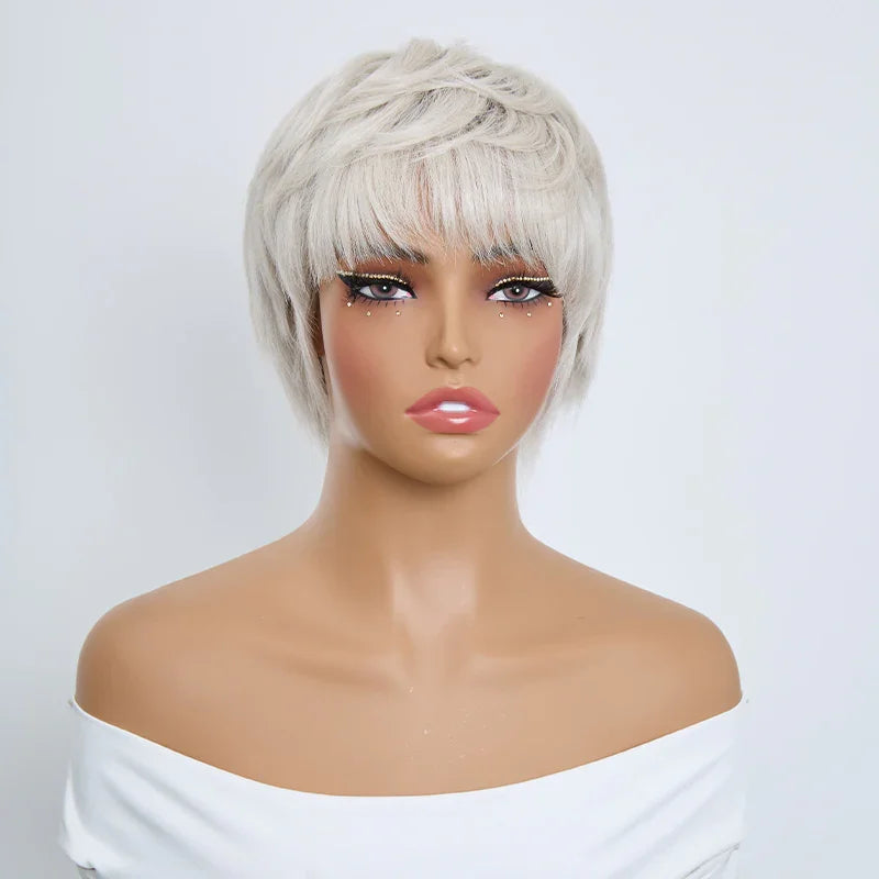 Perruque Pixie Bob Lisse Blanc Argenté Glueless Sans Colle 100% Cheveux Humains