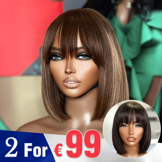 2 𝑭𝑶𝑹 €99🔥 Essentiel De L'Été Soyeux Bob Facile À Coiffer Glueless Perruque Lisse Avec Frange