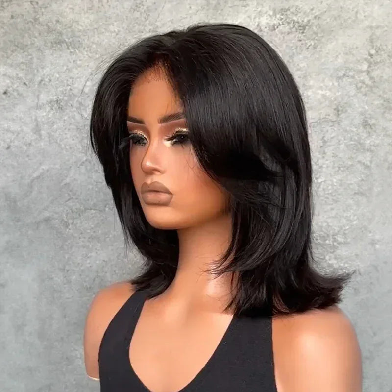 Effet Salon Glueless Couches Wear Go 4x4 Perruque Bob Sans Colle Avec Frange Cheveux Humains Ondulé