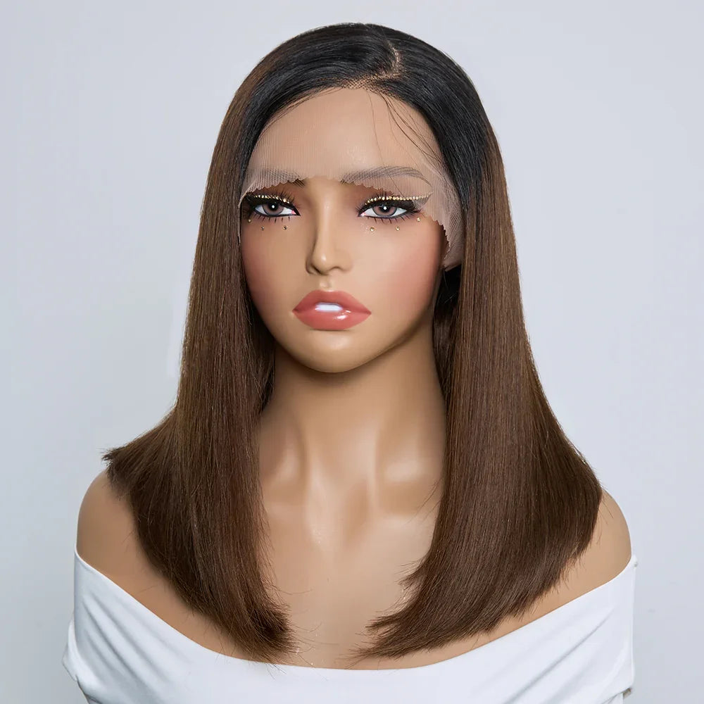 Perruque Bob Ombré Glueless 9x6 Racines Noires & Dégradé Marron Super Double Drawn Sans Colle