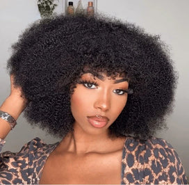 Glueless Style Brésilien Afro Kinky Curly Bob Perruque Sans Colle Avec Frange 350% Densité
