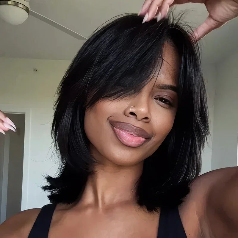 Effet Salon Glueless Couches Wear Go 4x4 Perruque Bob Sans Colle Avec Frange Cheveux Humains Ondulé