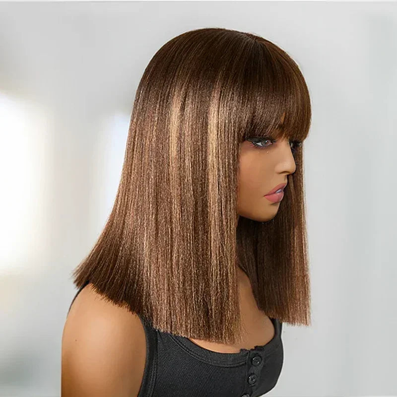 Brown Colored Bob wig with bangs Smooth 200% density
