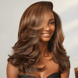 Guleless Pré-Couche Coupe Perruque 13x4 Couleur Mèches Brun Bob Sans Colle Ondulé Longueur Épaule