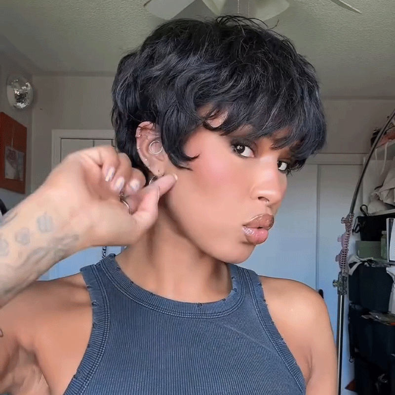 Coupe Pixie Chic Parisien  à Pointes Retournées Perruque Glueless Sans Colle