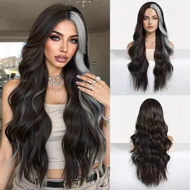 🎃Halloween Perruque Synthétique Ondulée Noire Avec Mèches Grises Idéale Pour Halloween Et Au Quotidien