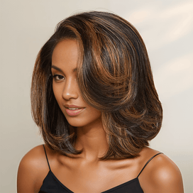 Glueless Couche Mèches Brune Highlight 7x4 Bob Perruque Sans Colle Ondulé 250% Densité