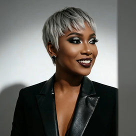 Boss Mature Tendance Glueless Gris argenté Pixie Bob Lisse Perruque Sans Colle Cheveux Humains