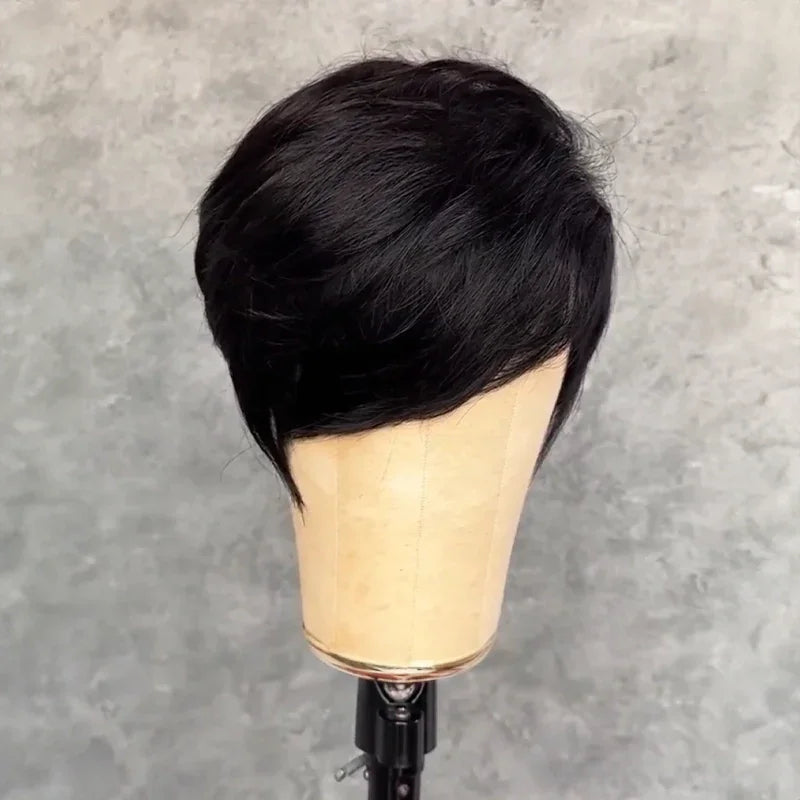 Perruque Pixie Dégradée Courte Glueless avec Frange de Côté Asymétrique Noir
