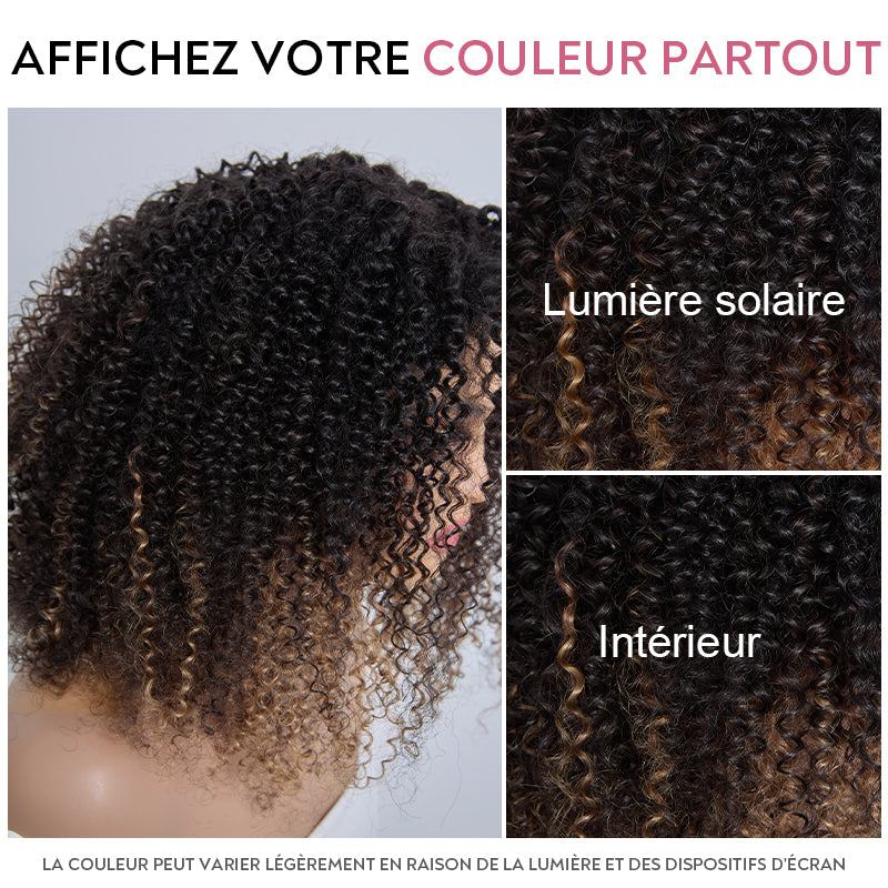𝐏𝐫𝐞̂𝐭 𝐞𝐧 𝟐𝟒𝐡⚡Perruque Bob Bouclé Glueless 4x4 Ombré Marron Densité 250% avec Edges 4C
