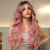 🎃28 Pouces Couleur Noir Ombré Rose Perruque Avec Frange Synthétique Ondulée De Idéale Pour Un Usage Quotidien, Les Soirées Ou Le Cosplay