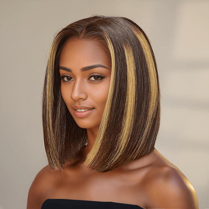 13x4 Guleless Perruque Soyeuses Couche Bob Mèches Blondes Miel Lisse