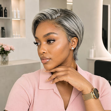 Raie sur le Côté Court 13x4 Dentelle Gris Argent Perruque Pixie Lisse Glueless