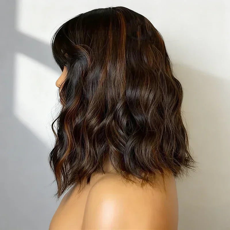 Bob Curly Wig with Bangs Black #4/27 Color 200% Density