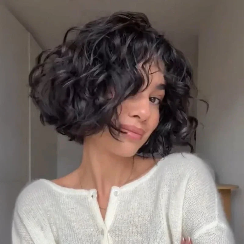 Élégant Glueless 4x4 Noir Naturel Bob Ondulé Avec Frange Fine 100% Cheveux Humains