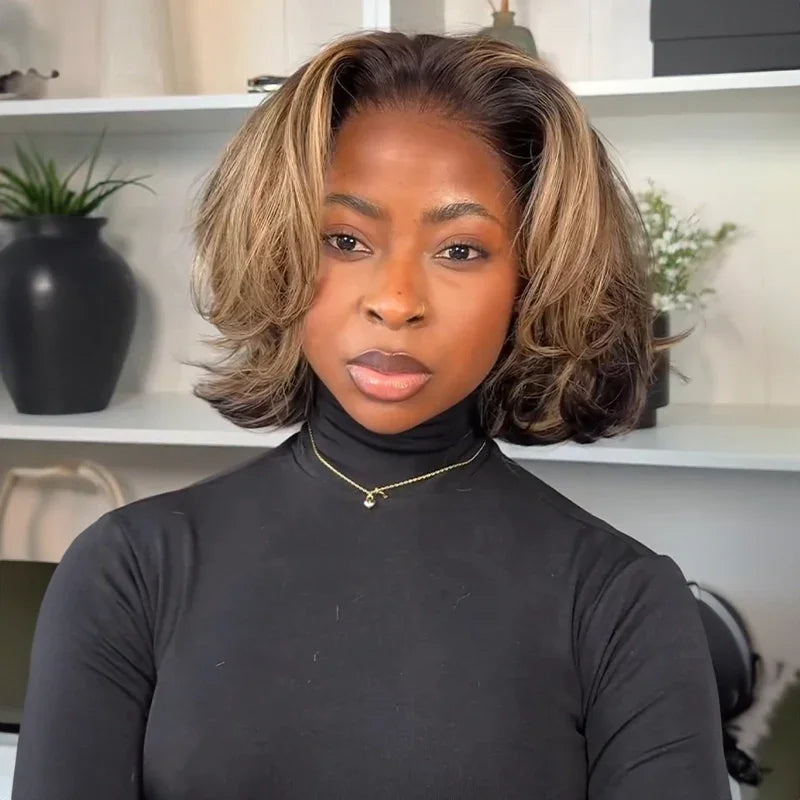 Lace Front 13x4 Carré Dégradé Volumineux Avec Mèches Blondes Highlight Bob 250% Densité Glueless Perruque