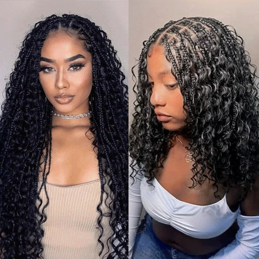 2 𝑭𝑶𝑹 €158🔥 36" Perruque Tressée Bohème En Dentelle Intégrale + Chic Bob Synthétique