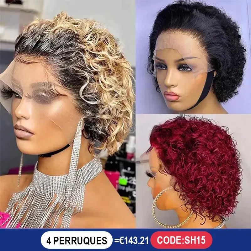 3 Perruques Coupe Pixie Cheveux Humains Brésiliens Bouclé - SHINE HAIR
