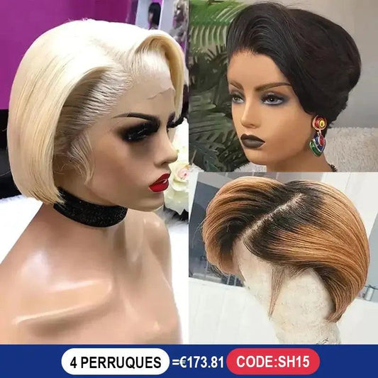 3 Perruques Coupe Pixie Cheveux Humains Brésiliens Lisse - SHINE HAIR