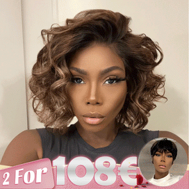 2 𝑭𝑶𝑹 €108🔥Perruque 10" Ombre Bouclé +Pixie Lisse/Pixie Laine Bouclée/Pixie Ondulation De L'eau