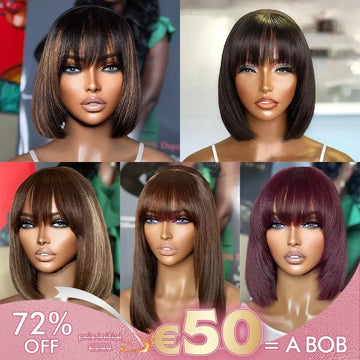 €𝟓𝟎/𝐁𝐨𝐛🔥Soyeux Glueless Bob Perruque 5 Couleur Lisse Avec Frange Prix De Gros D'usine