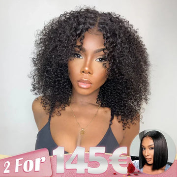 2 𝑭𝑶𝑹 €145.88🔥Glueless Bob 4×4 Noir Kinky Curly+Coupe Émoussée Soyeux Lisse 2x6 Dentelle Perruque