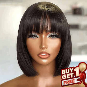 𝑩𝒖𝒚 1 𝑮𝒆𝒕 1 𝑭𝒓𝒆𝒆💥 Glueless Bob Perruque Avec Frange Perruque Cheveux Humains 200% Densité