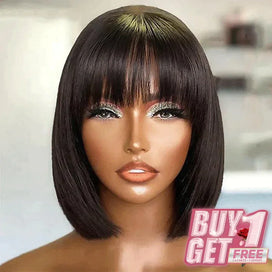 𝑩𝒖𝒚 1 𝑮𝒆𝒕 1 𝑭𝒓𝒆𝒆💥 Glueless Bob Perruque Avec Frange Perruque Cheveux Humains 200% Densité