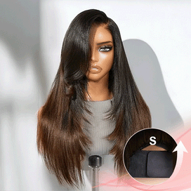 Glueless Couche Ombre Brun Effet Volume Yaki Lisse 7x4 Perruque Sans Colle Casquette Réglable