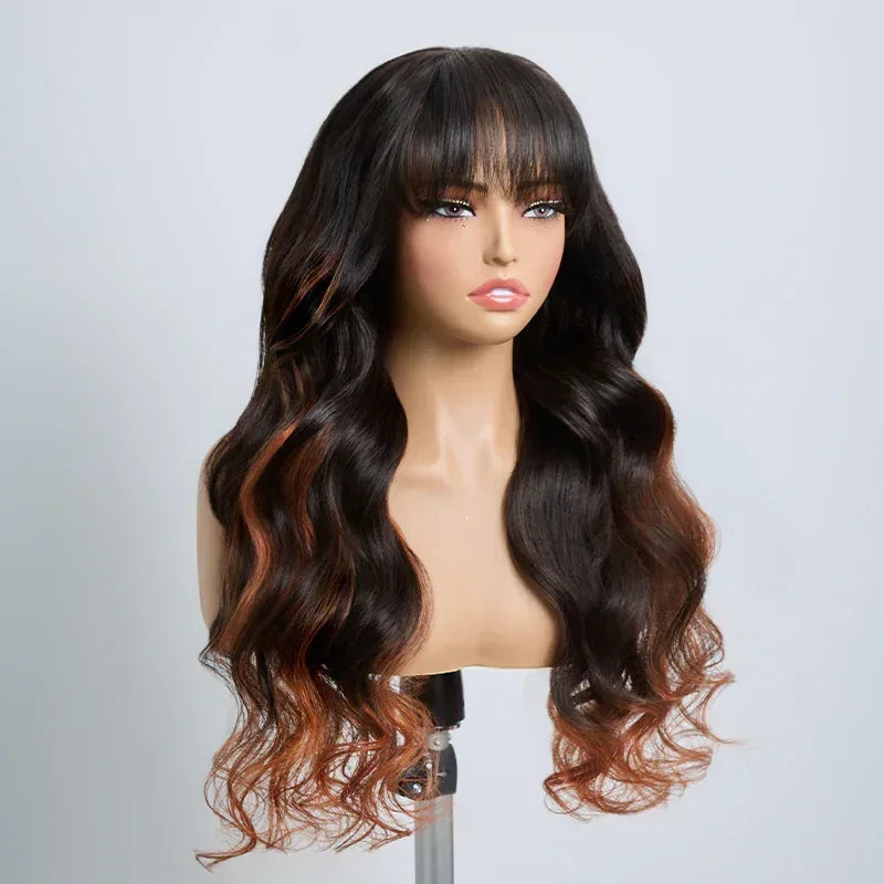 Glueless Sans Nœuds Couleur Highlight 4x4 Perruque Sans Colle Body Wave Avec Frange 250% Densité