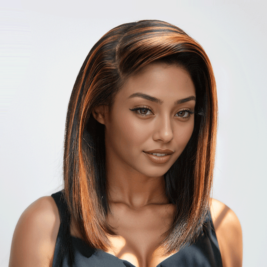 Elégant Mode Highlight Couleur 13x4 Glueless  Lisse Bob Perruque Sans Colle Casquette Maille Respirante