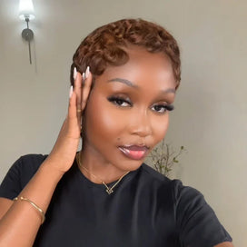 Perruque Pixie Bob Brun Chocolat Water Wave Glueless Style Élégant Sans Colle