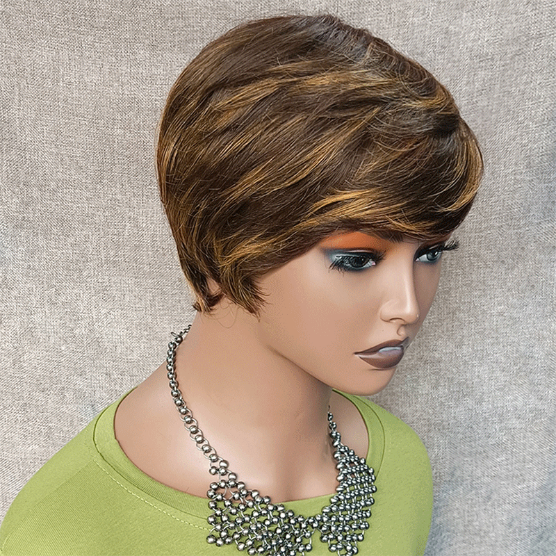 Une Beauté Sans Effort Glueless Couleur #4-27 Mèches Brunes Highlight Pixie Court Lisse Perruque Sans Colle