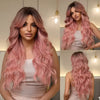 🎃28 Pouces Couleur Noir Ombré Rose Perruque Avec Frange Synthétique Ondulée De Idéale Pour Un Usage Quotidien, Les Soirées Ou Le Cosplay