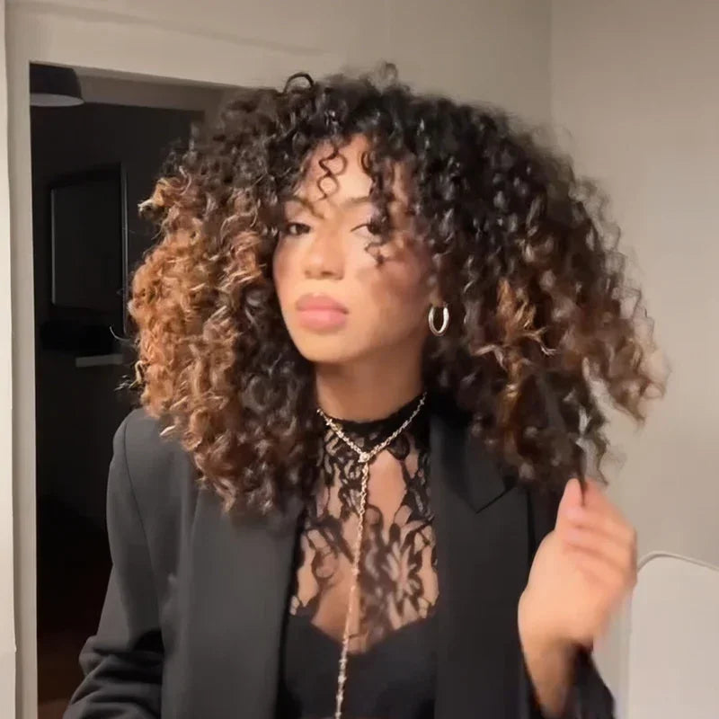 Glueless Brun Ombré Wear Go Perruque Bob Sans Colle Avec Frange Bouclé 250% Densité