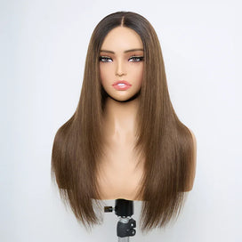 Style Salon Glueless Couche Sans Nœuds Brun Ombré 4x4 Perruque Sans Colle Lisse 250% Densité