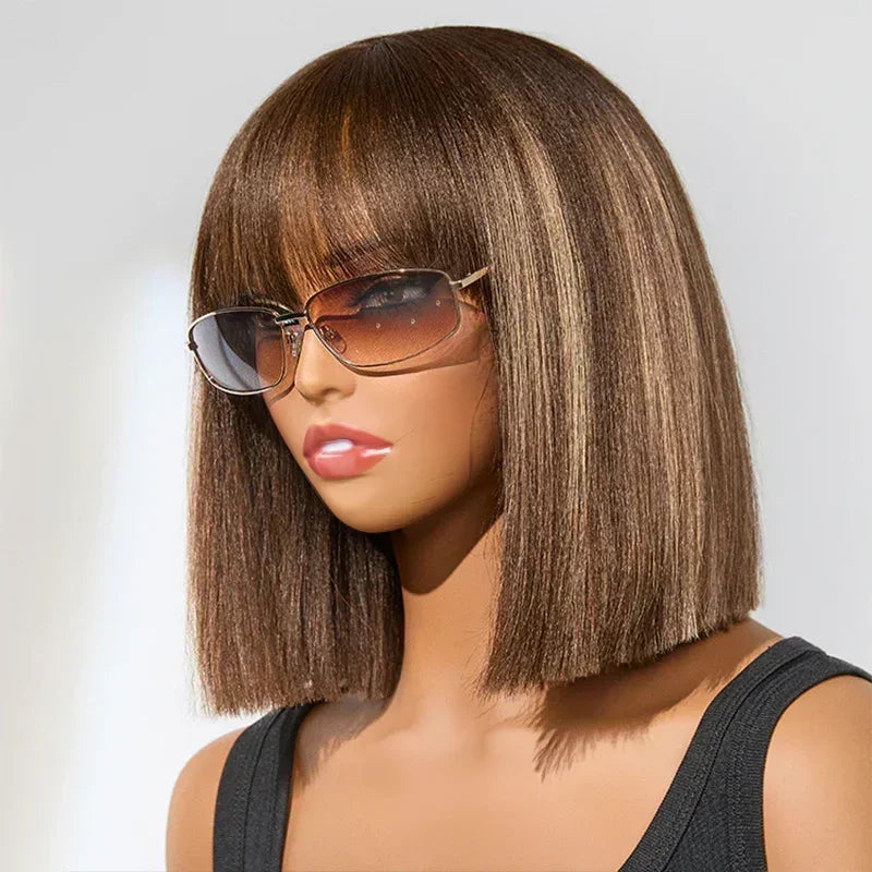 Brown Colored Bob wig with bangs Smooth 200% density