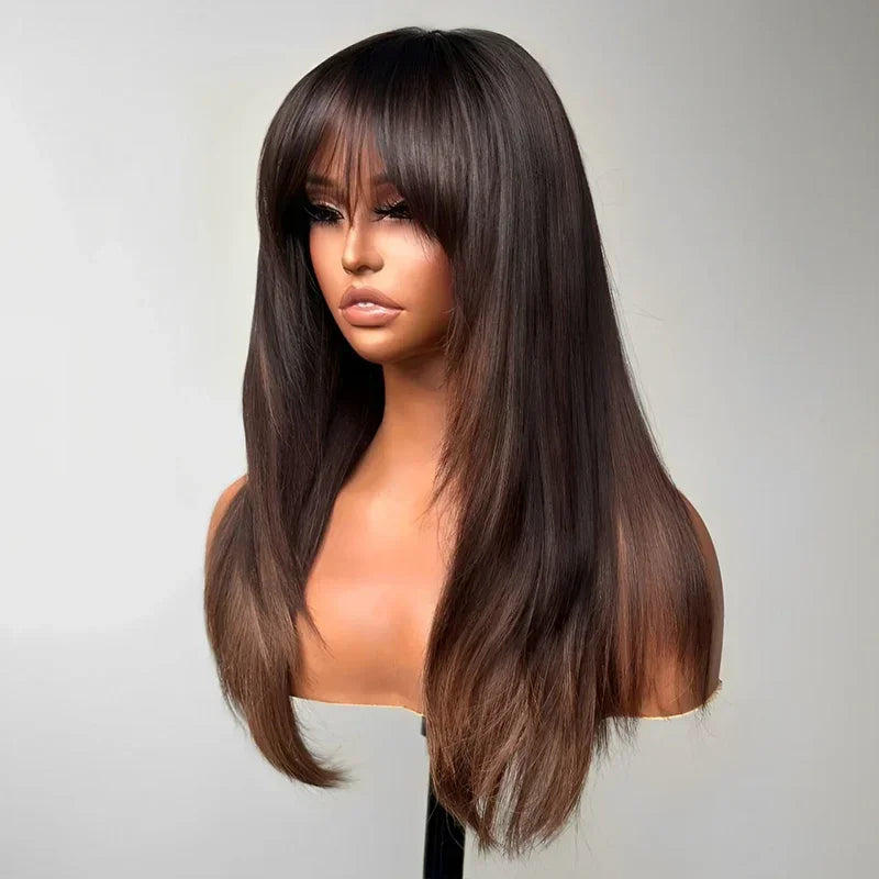 Glueless Coupe Dégradée Couleur Mèches Brunes Avec Frange 4x4 Wear Go Perruque Sans Colle Lisse