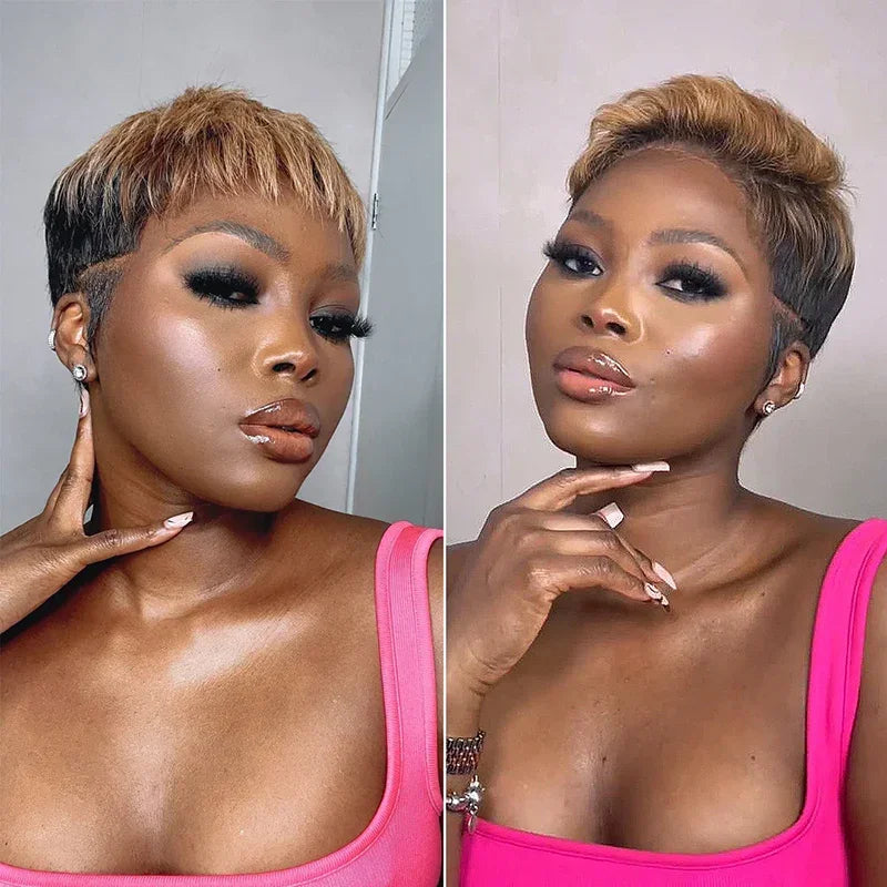 𝐄𝐱𝐩𝐞́𝐝𝐢𝐭𝐢𝐨𝐧 𝐬𝐨𝐮𝐬 𝟒 𝐣𝐨𝐮𝐫𝐬⚡Stylish Coupe Pixie Courte Couleur Blond Miel Avec Racines Foncées Perruque Bob Sans Colle