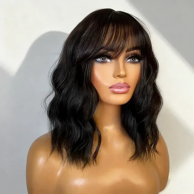 Bob Curly Wig with Bangs Black #4/27 Color 200% Density