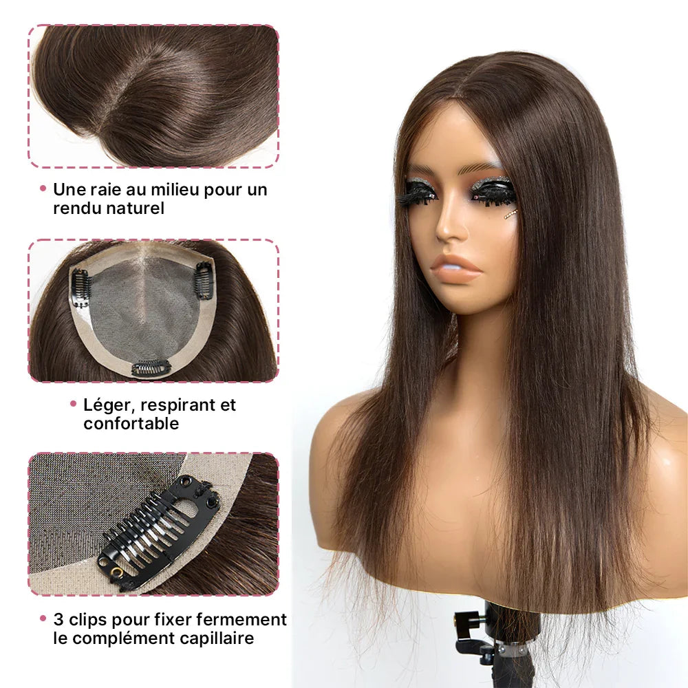 Complément Capillaire Volumateur de Cheveux Lace 5x5 6x6 avec 5 Clips Châtain Foncé Premium Hair Topper