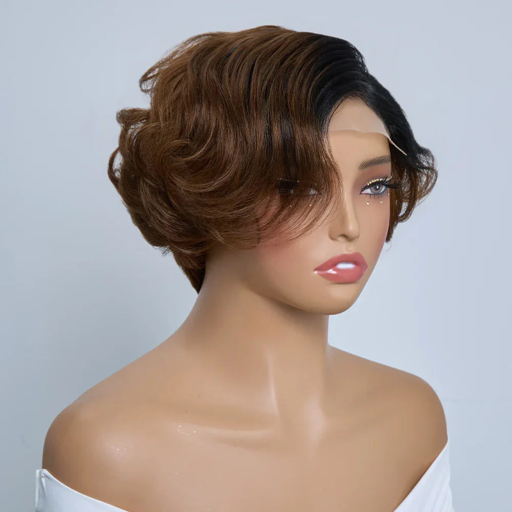 4x4 Légèrement Ondulé Raie Sur Le Côté Glueless Sans Colle Perruque Short Bob Wavy