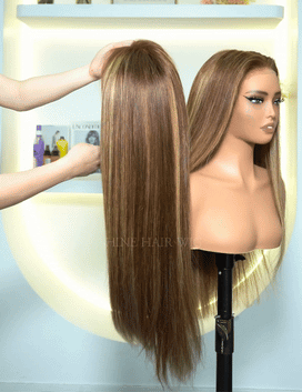 Glueless Brillant Couleur Mélangé #4/27 Nœuds Préblanchis 13x4 Perruque Sans Colle Lisse