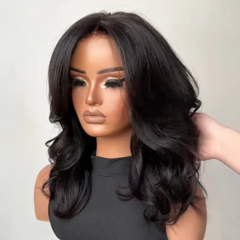 Chic Glueless 4x4 Perruque Sans Colle Avec Frange Rideau Cheveux Humains Ondulé