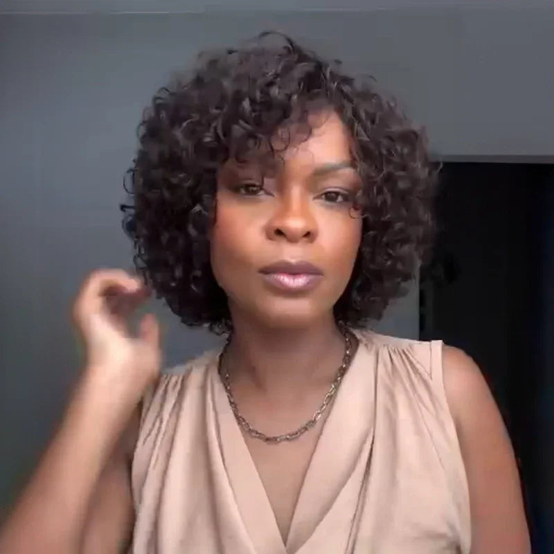 Carré Ondulé 4x4 Sans Colle Look Rétro avec Frange Cheveux Humains