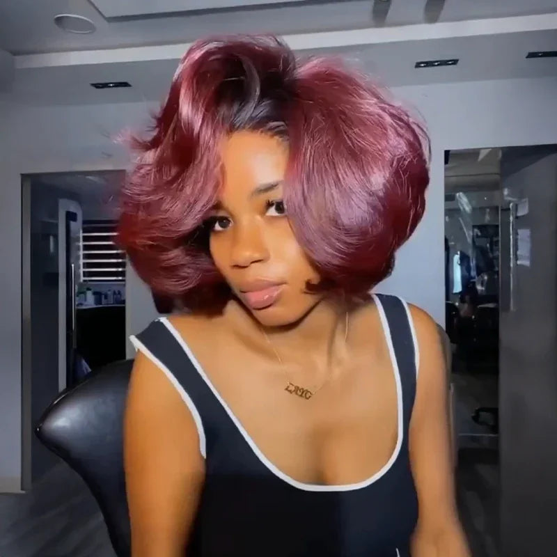 Perruque Bob Glueless 99J Ombré 5x5 Carré Bouclé Dégradé Rouge Bourgogne 250% Boucles Volumineuses